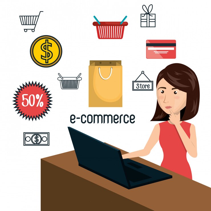 Vettore progettazione isolata e-commerce del computer portatile della donna del fumetto