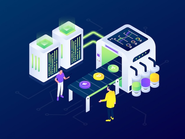 Progettazione isometrica futuristica dell'illustrazione di vettore di estrazione mineraria di Blockchain Bitcoin di criptovaluta