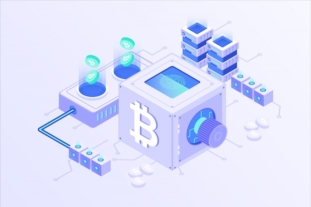 Progettazione isometrica Illustartion di vettore online del server online Bitcoin di criptovaluta di Blockchain