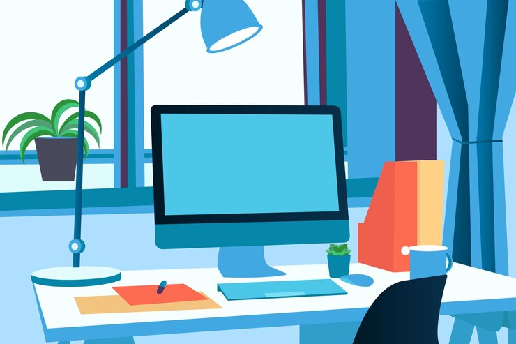 Vettore progettazione piana dell'illustrazione del fondo dell'ufficio della scrivania del computer