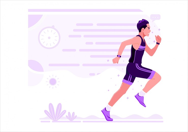 Progettazione piana dell&#39;illustrazione di vettore di sport atletico corrente degli uomini. Un uomo che indossa un&#39;uniforme viola sta praticando una maratona.