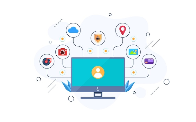 Progettazione vettoriale di computer multitasking con linee di connessione a varie applicazioni di servizio avanzate