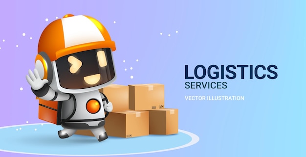 Progettazione vettoriale di consegna logistica Testo dei servizi logistici con assistente mascotte di consegna robot