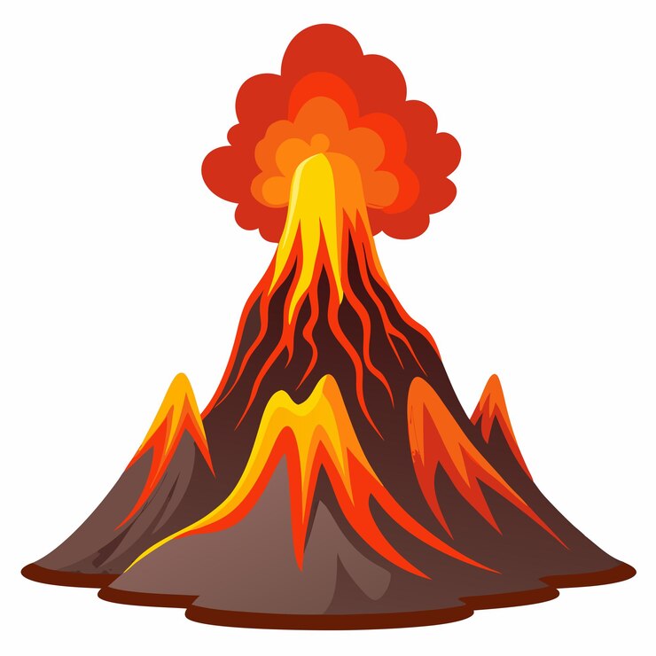 Vettore progettazione vettoriale di un vulcano pieno di lava, eruzione di fuoco e paesaggio dinamico