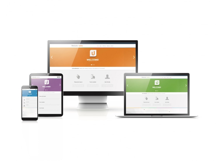 Progettazione web reattiva in moderni dispositivi elettronici altamente dettagliati. Stili di siti Web piatti in quattro colori.