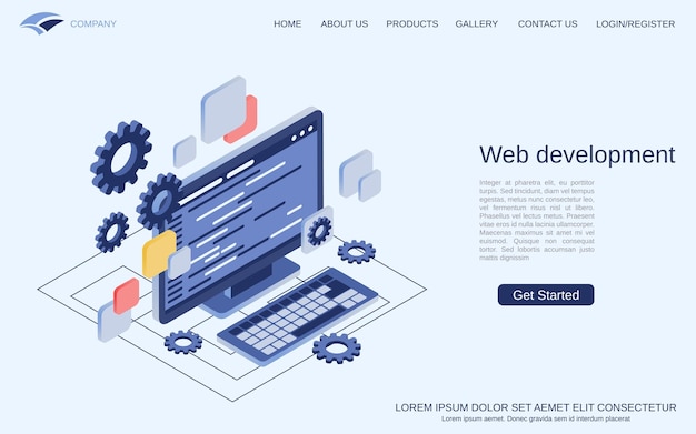 Programma di costruzione di siti Web per lo sviluppo di applicazioni Web che codifica il concetto di vettore isometrico 3d piatto