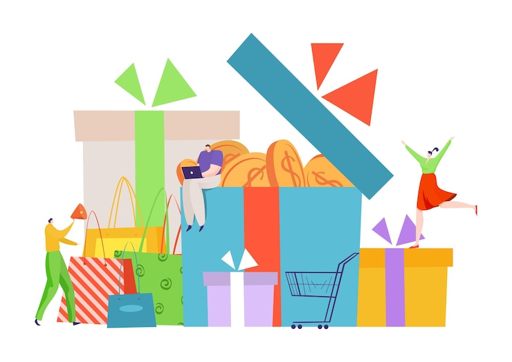 Vettore programma di ricompensa del negozio di moda sistema di promozione boutique regalo piccolo personaggio seduto su una confezione regalo piatta