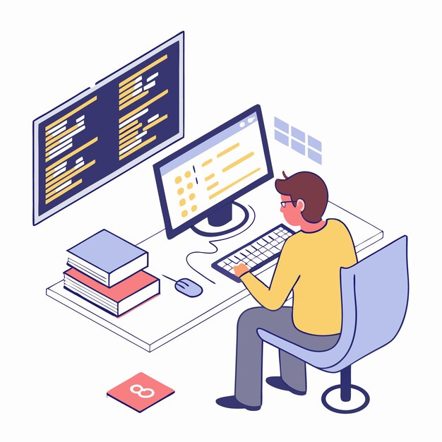Programmatore che lavora sul codice di sviluppo web Programmatore ingegnere in python php java script sul computer Illustrazione vettoriale concetto di sviluppatori di software professionisti