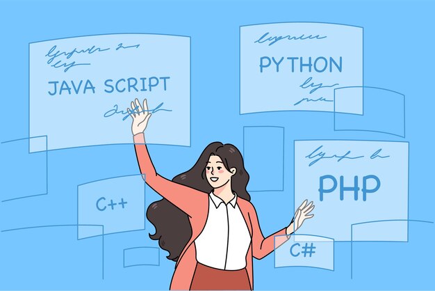 Programmatore donna di successo con programmazione di script La ragazza millenaria sorridente scrive codici per Python PHP e C più linguaggi informatici Software e concetto di codifica Illustrazione vettoriale piatta