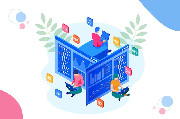 Programmatore isometrico che codifica un nuovo progetto. Competenze di sviluppo web e programmazione per sito web. WEB Banner illustrazione team di progetto di ingegneri per sito Web, PHP, HTML, CSS, Js.