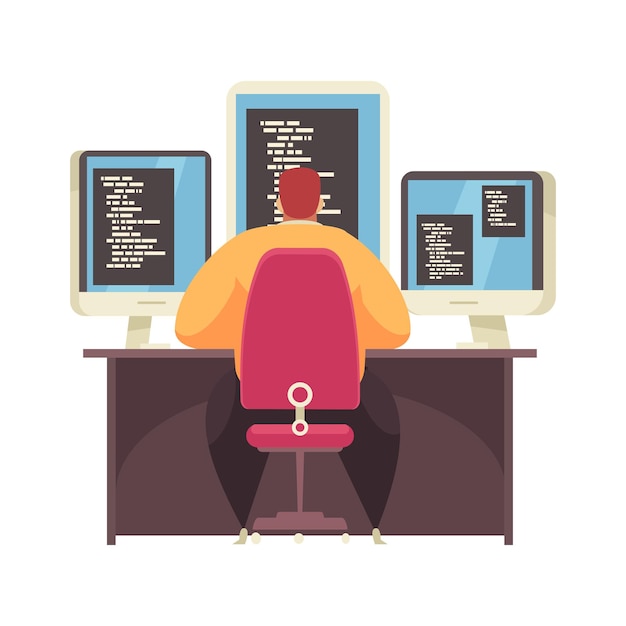 Programmatore maschio che lavora alla scrivania con tre monitor di computer vista posteriore piatta illustrazione vettoriale