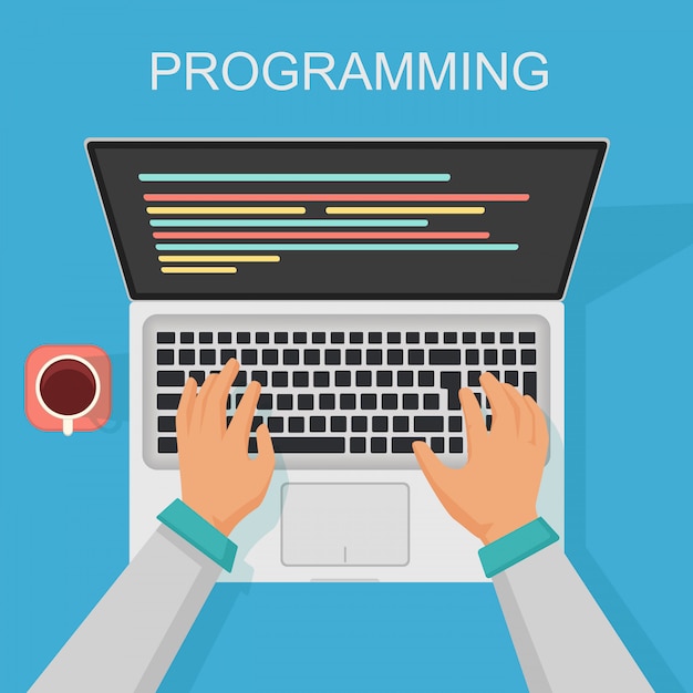programmazione, codifica concetto di sviluppo web. Vista dall'alto del programmatore con codice schermo