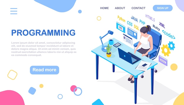 Programmazione, codifica. Programmatore seduto alla scrivania e lavorando. Tavolo da ufficio con laptop, documenti