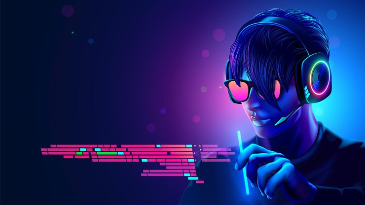 Vettore programmer in headset coding programm text in vr interface software developer of computer code code in programming environment futuristic computer technology concept man work in glasses headset