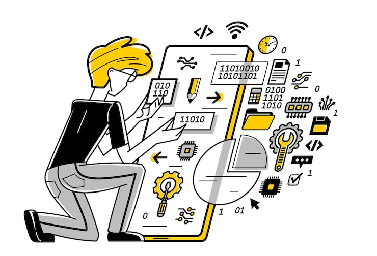 Vettore programmer is coding and repairing some applications on phone vector outline illustration programming engineer working with app sysadmin and coder