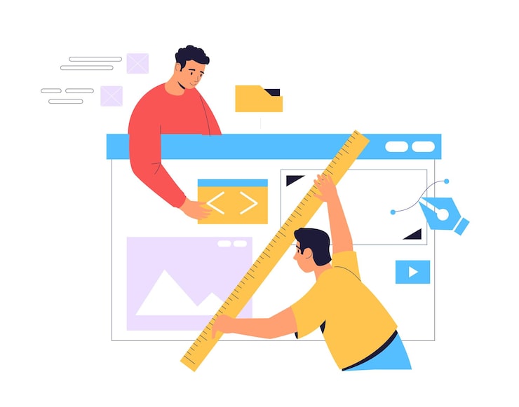 Vettore programmers working together developing website adding code and design elements using large ruler and pen tool software development process programming and coding website creation and design