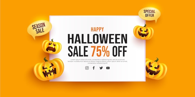 Promozione banner saldi di Halloween con lavagna bianca e zucca