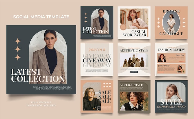 Promozione della vendita di moda banner modello di social media in colore marrone bianco completamente modificabile instagram e poster di vendita organica di puzzle con cornice quadrata di facebook