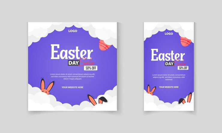 Vettore promozione delle vendite del giorno di pasqua, post sui social media, modello di design con nuvole, orecchie di coniglio, vettore di uova