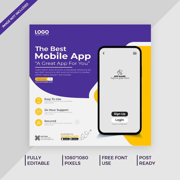 Promozione di applicazioni mobili creative, presentazione di post sui social media e modello di banner web Corporate Business