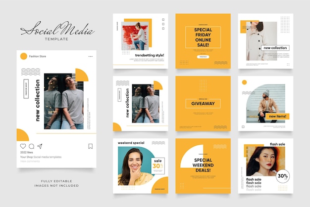 Promozione di vendita di banner modello di social media. puzzle con cornice quadrata instagram completamente modificabile.