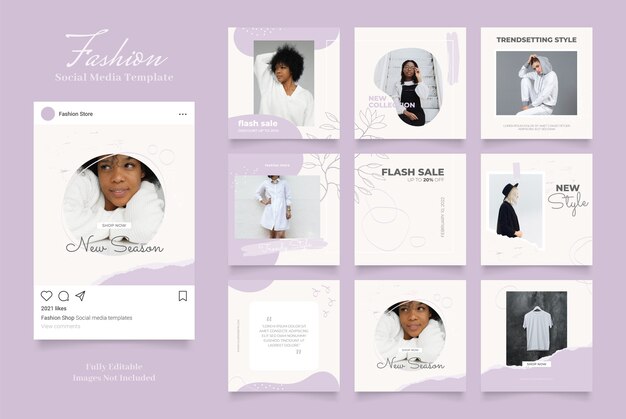 Promozione di vendita di moda banner modello social media. completamente modificabile instagram e facebook quadrato post frame puzzle vendita organica viola viola bianco
