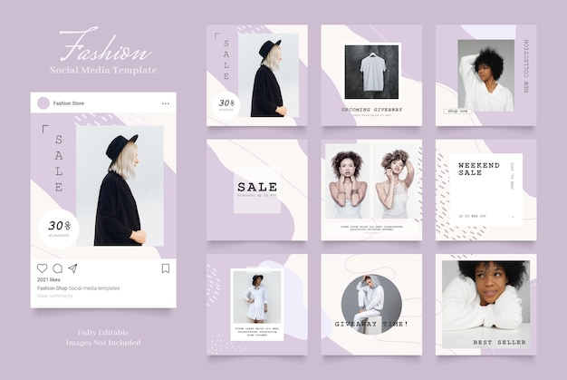 Promozione di vendita di moda banner modello social media. completamente modificabile instagram e facebook quadrato post frame puzzle vendita organica viola viola bianco