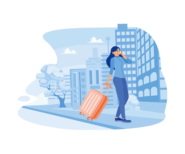 Pronti per un viaggio d'affari Una donna d'affari che cammina lungo una strada cittadina tiene in mano una valigia