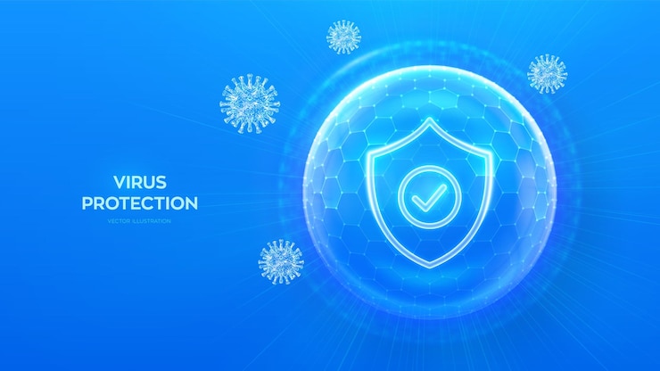 Vettore protezione contro i virus attenzione sanitaria vaccinazione cellula virale antibiotico scudo di protezione con icona di spunta all'interno di sfera trasparente scudo con disegno esagonale su sfondo blu illustrazione vettoriale