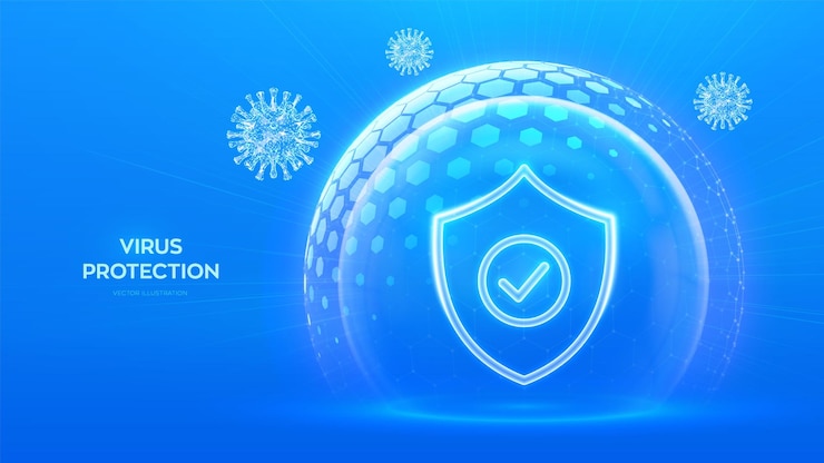 Vettore protezione contro i virus attenzione sanitaria vaccinazione cellula virale antibiotico scudo di protezione con icona di spunta all'interno di sfera trasparente scudo con disegno esagonale su sfondo blu illustrazione vettoriale
