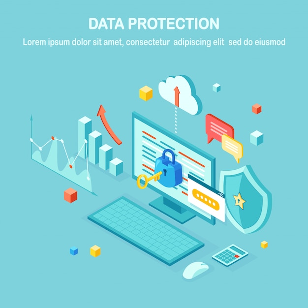 Protezione dati. Sicurezza Internet, accesso alla privacy con password. pc computer isometrico con chiave, serratura, scudo. per banner