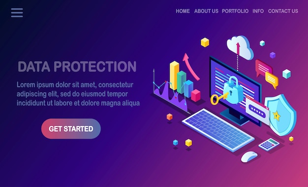 Protezione dati. Sicurezza Internet, accesso alla privacy con password. pc computer isometrico con chiave, serratura, scudo.