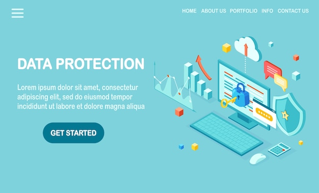 Protezione dati. Sicurezza Internet, accesso alla privacy con password. pc computer isometrico con chiave, serratura, scudo.