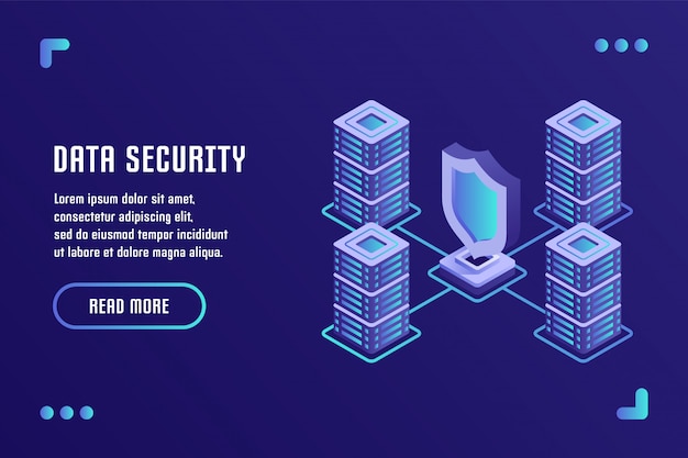 Protezione dei dati e sicurezza Internet, archiviazione dei dati, sicurezza dei dati. Illustrazione vettoriale in stile 3d isometrico piatto.