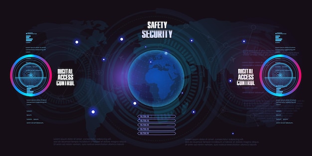 Protezione e sicurezza Sfondo techno concettuale con elementi HUD Tecnologie Internet del mondo Controllo dell'accesso digitale Internet delle cose Mappa del mondo su sfondo techno futuristico