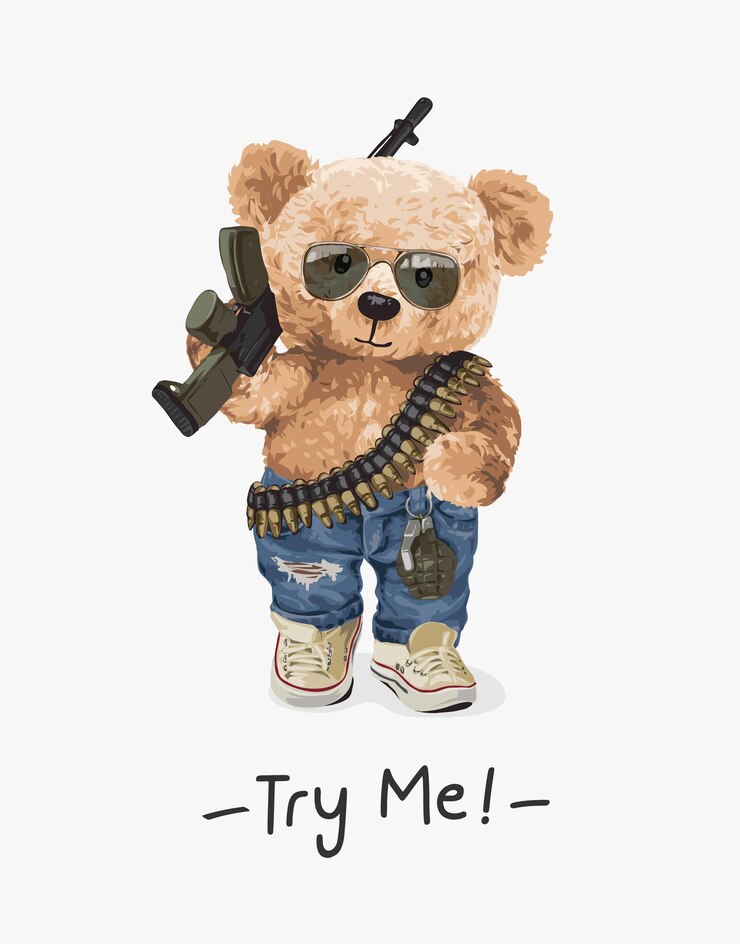 Prova lo slogan con una bambola cool bear che porta un'illustrazione vettoriale del fucile