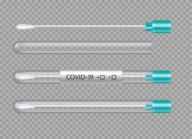Provetta realistica con tampone di cotone per test in laboratorio sulla pandemia di coronavirus. Test nasofaringeo per Covid-19. illustrazione vettoriale 3D