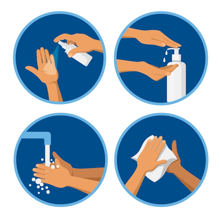 Vettore prpcedures igieniche per le mani. spray disinfettante, sapone liquido, lavaggio delle mani, asciugatura con un panno antibatterico.