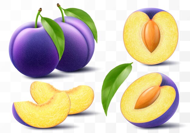 Prugne intere a metà e a fette con foglia Prugne dolci con pietra isolata su sfondo trasparente