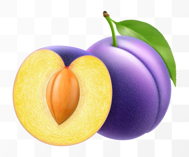 Prugne intere e mezze prugne con pietra e foglia Prugne viola dolci isolate su sfondo trasparente
