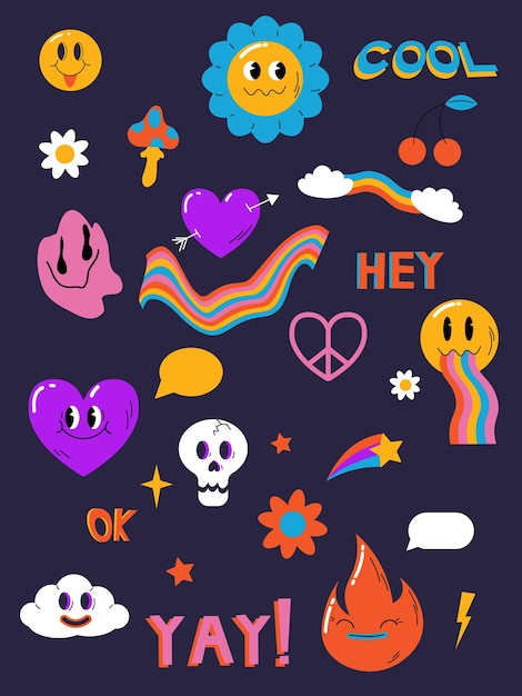 Psichedelico trippy large pack Personaggi e oggetti astratti acidi In uno stile cartone animato un insieme di sostanze psichedeliche luminose tutti gli elementi sono isolati EPS