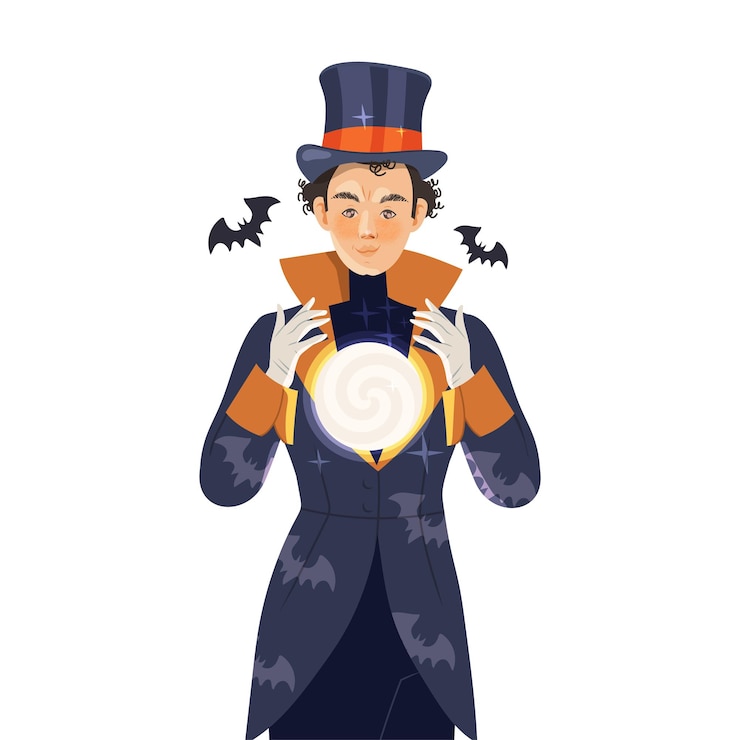 Vettore psicista e mago di palcoscenico in cappello che eseguono un trucco tenendo in mano la palla di cristallo illustrazione vettoriale