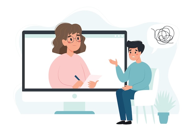 Psicoterapia online uomo che parla con lo psicologo sullo schermo Concetto di salute mentale