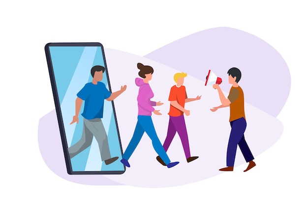 Pubblicità agli utenti di smartphone per seguire i prodotti dell'azienda e gruppi di clienti target Illustrazione vettoriale di cartoni animati in stile piatto