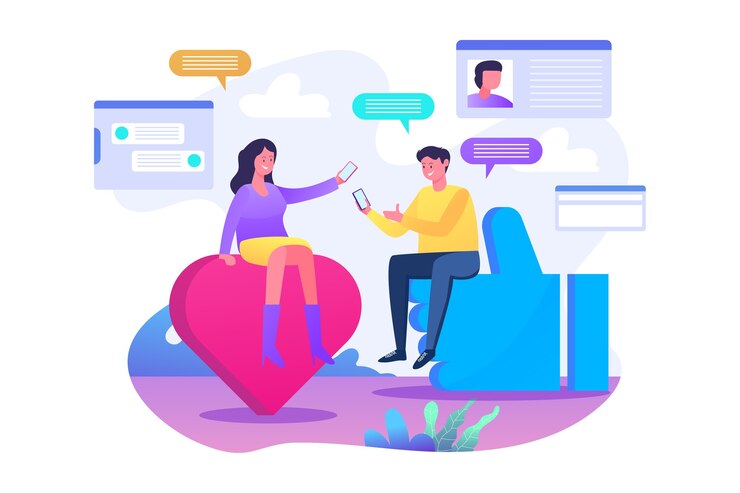 Vettore pubblicità online, social media marketing, chat online, condivisione sui social media, concetto di illustrazione piatta sui social media