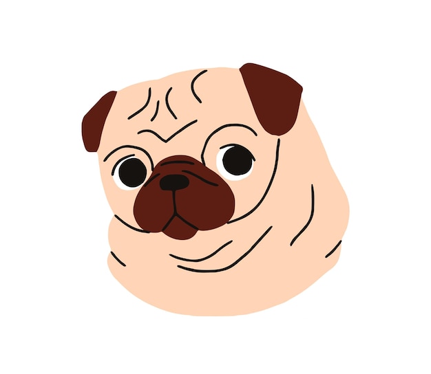 Pug carino cucciolo avatar Piccolo cane adorabile ritratto di animale canino Piccolo dolce cucciolo di razza di cane testa muso Bel compagno cucciolo pedigree Illustrazione vettoriale piatta isolata su sfondo bianco