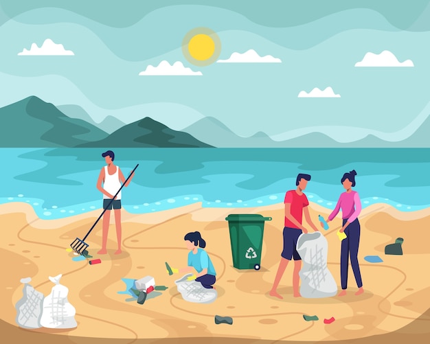 Pulizia della spiaggia. Persone che raccolgono rifiuti in sacchi sulla spiaggia. I giovani che puliscono i rifiuti di plastica sul lungomare. I volontari ripuliscono i rifiuti sulla costa dell'oceano. in uno stile piatto