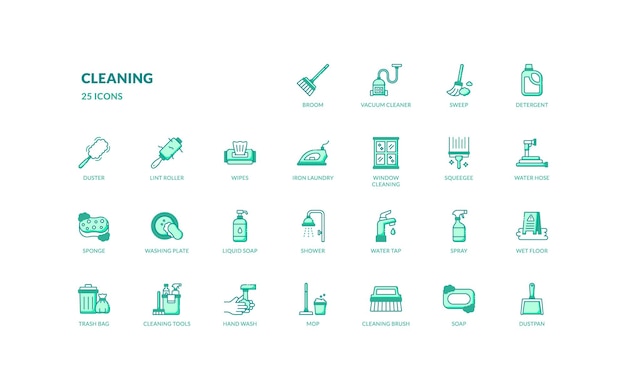 pulizia lavoro domestico igiene lavoro domestico dettagliato colore verde riempito set di icone di linea