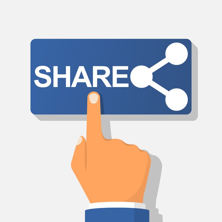 Vettore pulsante di condivisione. mano premendo quota di illustrazione. illustrazione design piatto. isolato su sfondo bianco. gesto del dito premendo il pulsante di condivisione. concetto di social media. fare clic su connessione.