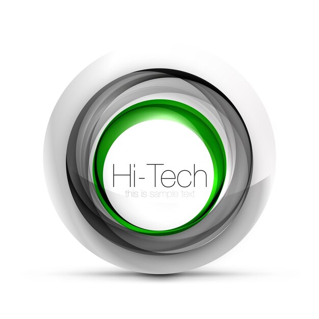 Pulsante o icona banner web sfera techno digitale con testo Simbolo futuristico hitech colore vortice lucido design cerchio astratto con anelli colorati e elemento metallico grigio